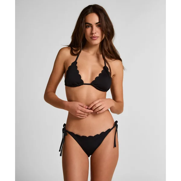 Bas de bikini échancré à motif floral et bords festonnés - Noir