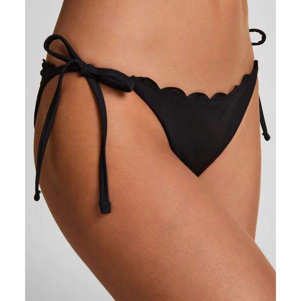 Bas de bikini échancré à motif floral et bords festonnés - Noir