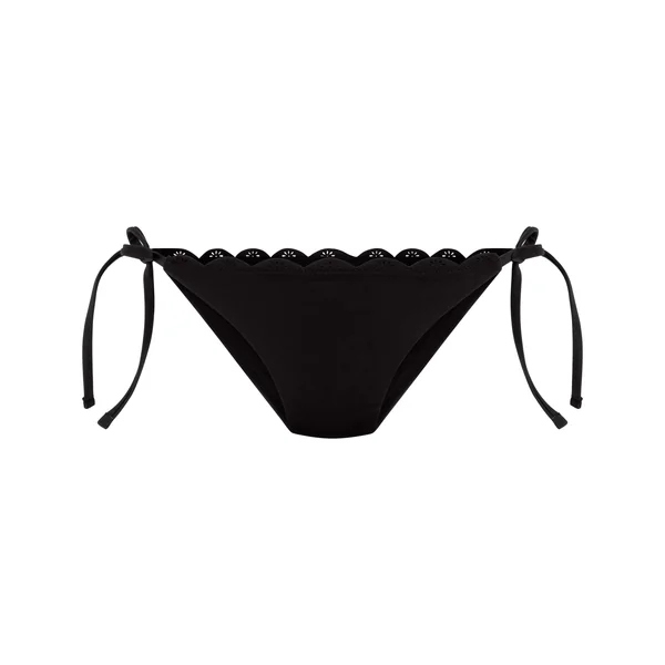 Bas de bikini échancré à motif floral et bords festonnés - Noir