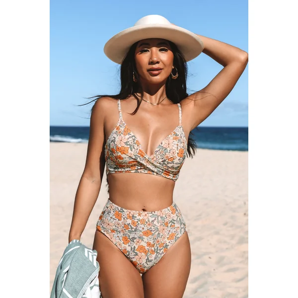 Bikini avec bralette torsadée florale et taille haute épissée