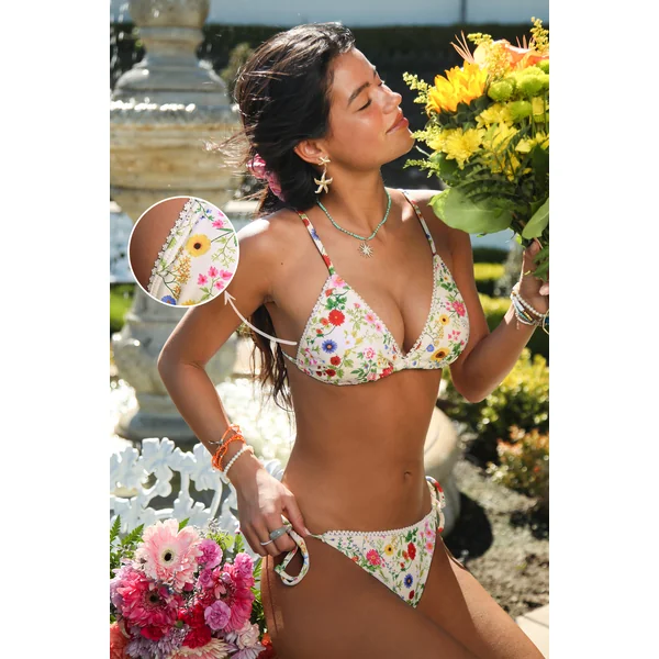 Bikini blanc floral bretelles ajustables et bas échancré
