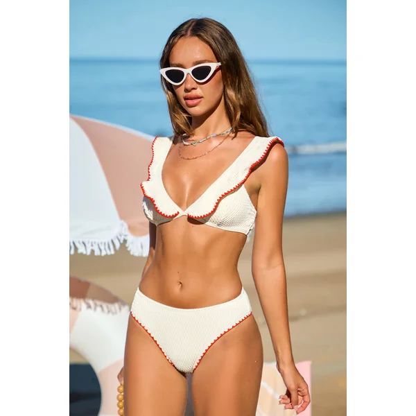 Bikini blanc garniture à volants taille basse
