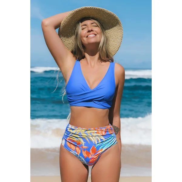 Bikini bleu à dos lacé et bas rétro tropical
