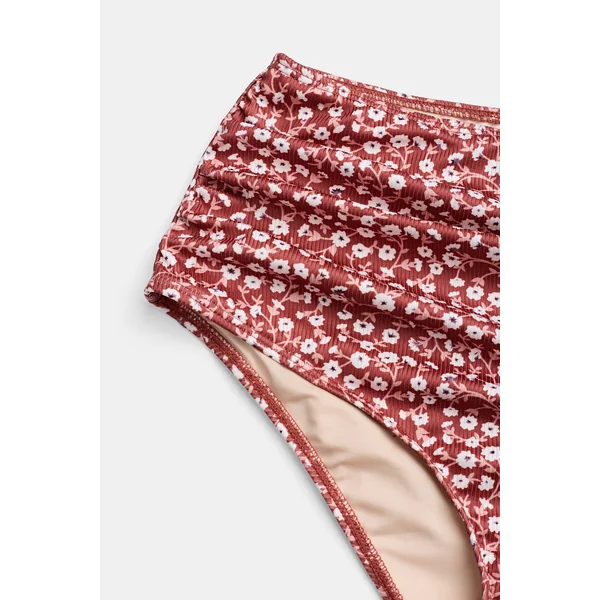 Bikini fleuri taille haute ventre plat torsadé marron