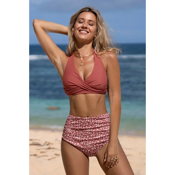 Bikini fleuri taille haute ventre plat torsadé marron