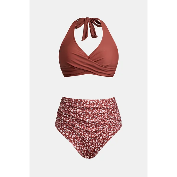 Bikini fleuri taille haute ventre plat torsadé marron