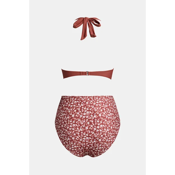 Bikini fleuri taille haute ventre plat torsadé marron