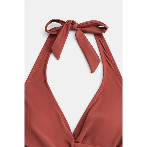 Bikini fleuri taille haute ventre plat torsadé marron