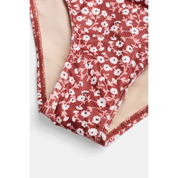 Bikini fleuri taille haute ventre plat torsadé marron