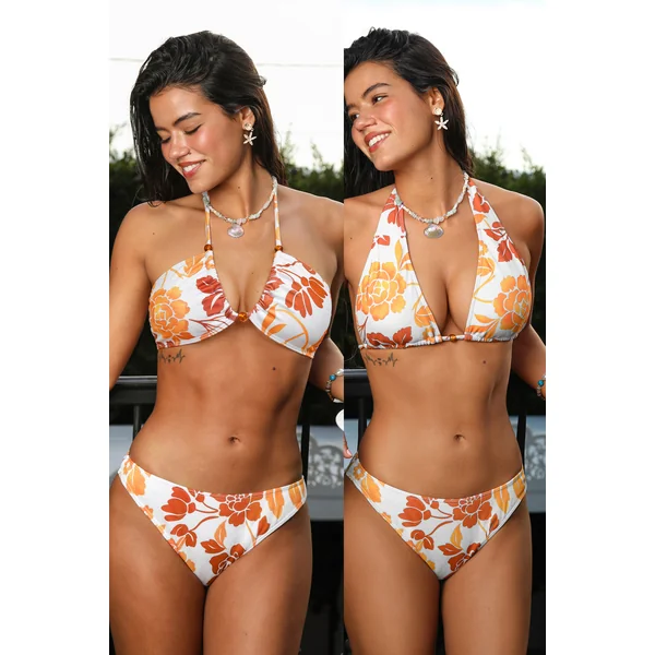 Bikini floral bretelles licou bas taille basse