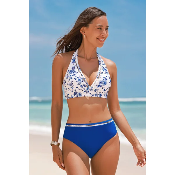 Bikini floral bretelles licou et bas taille haute