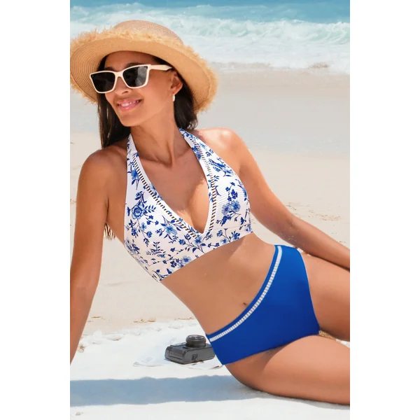 Bikini floral bretelles licou et bas taille haute