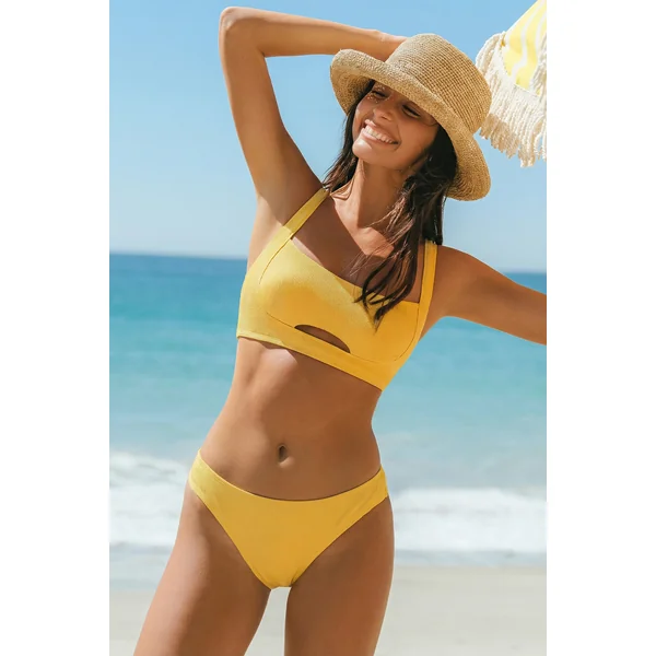 Bikini jaune col carré à découpe