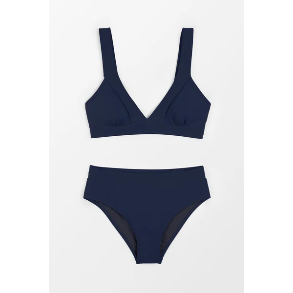 Bikini longline à col en V et taille haute classique bleu marine