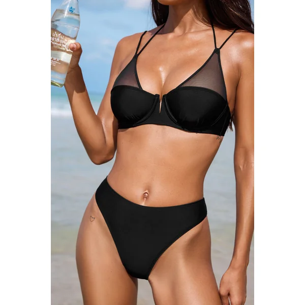 Bikini noir bretelles licou et bas taille moyenne