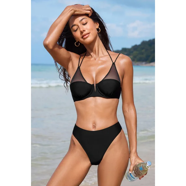 Bikini noir bretelles licou et bas taille moyenne
