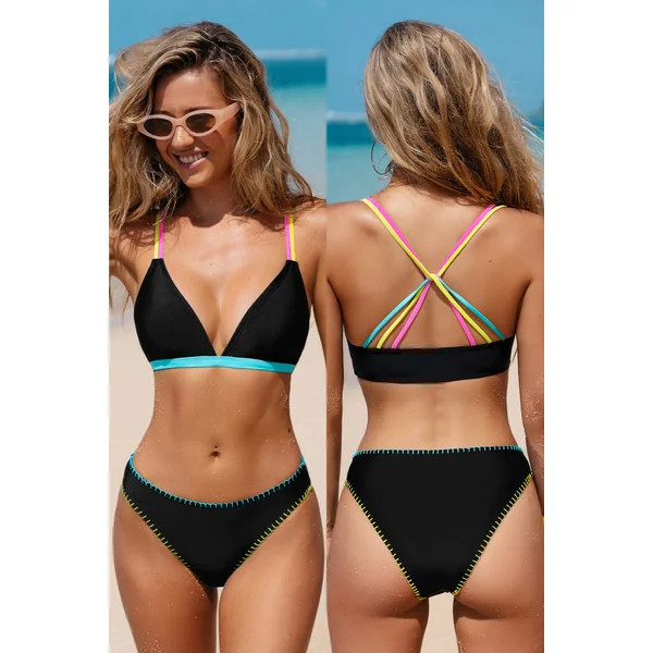 Bikini noir contrasté à col en diamant et bas à taille basse