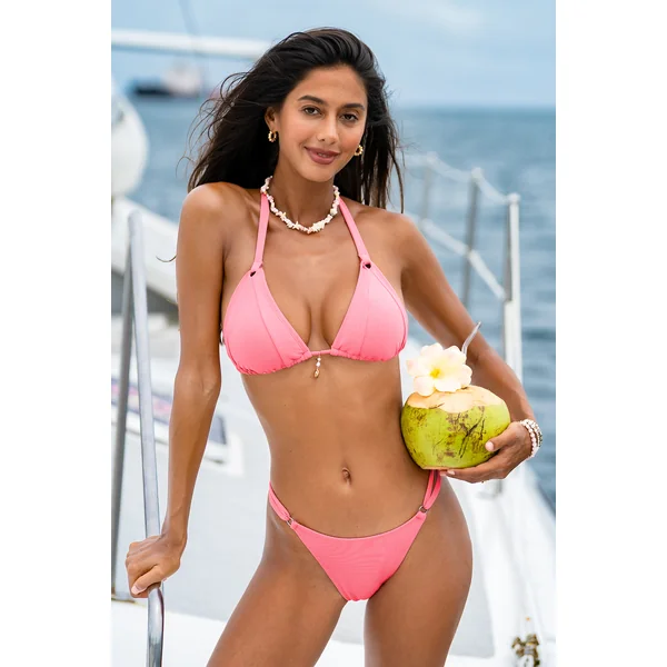 Bikini rose bretelles licou col plongeant et bas taille basse