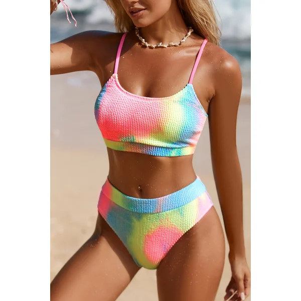 Bikini texturé à col scoop tie-dye avec taille haute
