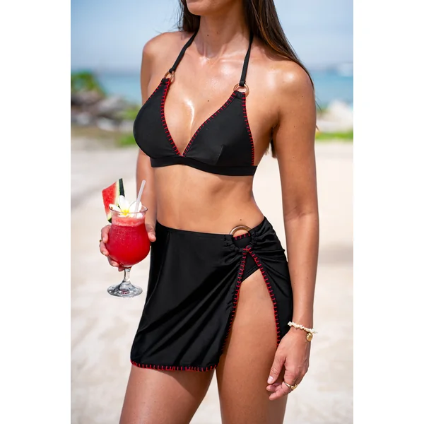 Bikini trois pièces noir bretelles ajustables avec paréo