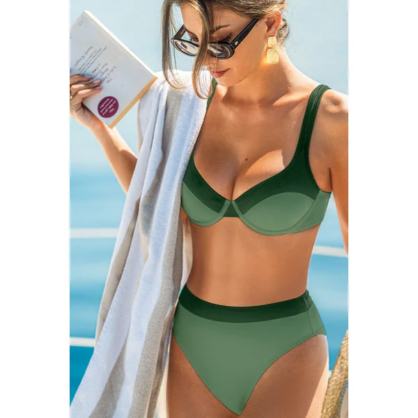 Bikini vert col diamant taille haute