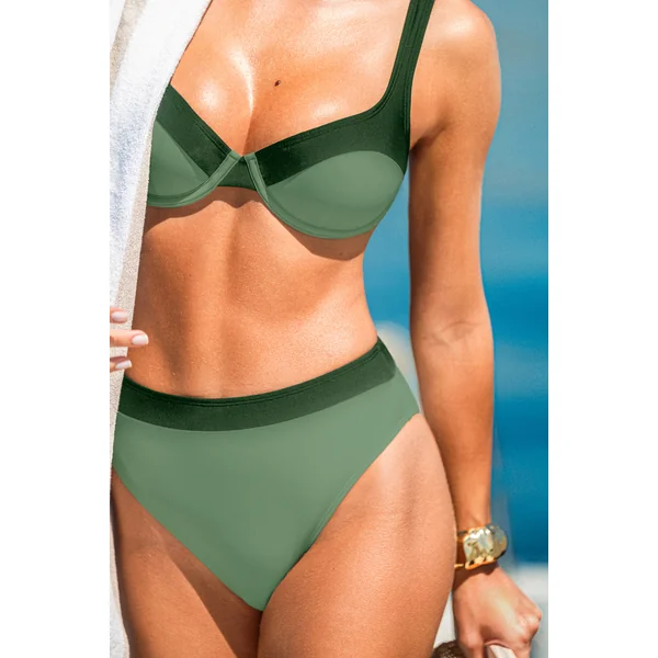 Bikini vert col diamant taille haute