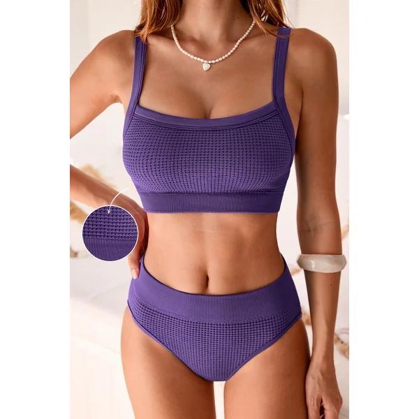 Bikini violet col carré et bas taille haute