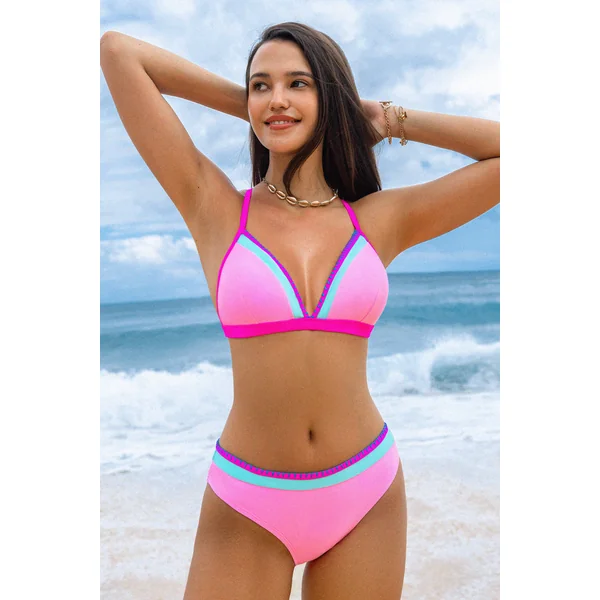 Bikini à blocs de couleur avec bas effronté rose