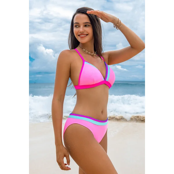 Bikini à blocs de couleur avec bas effronté rose
