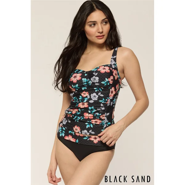 Black Sand - Haut de Tankini plissé avec cerceau 40 (90) F Noir avec fleurs 14 Ondalis Master
