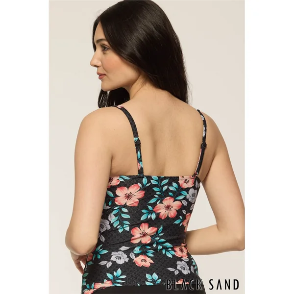 Black Sand - Haut de Tankini plissé avec cerceau 42 (95) F Noir avec fleurs 16 Ondalis Master