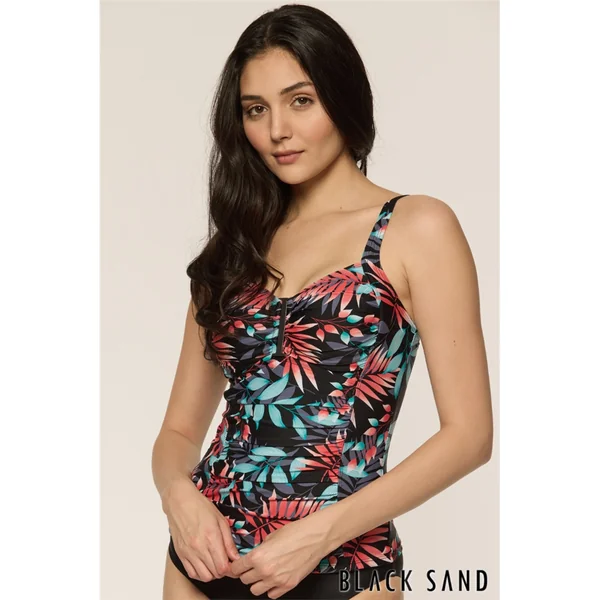 Black Sand - Haut de Tankini rembourré avec dos croisé Noir avec fleurs 16 Obsidian