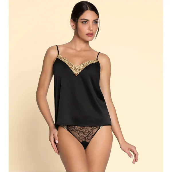 Caraco en soie noir décolleté brodé doré Sublime en Or Noir Éclat