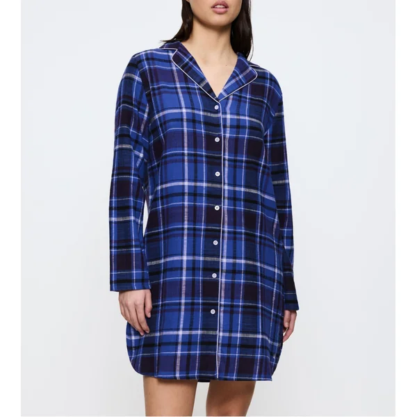 Chemise de nuit 100% coton à carreaux bleu Boyfriend