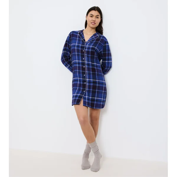 Chemise de nuit 100% coton à carreaux bleu Boyfriend