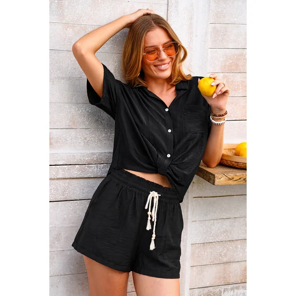 Chemise de plage noire col chemise manches courtes