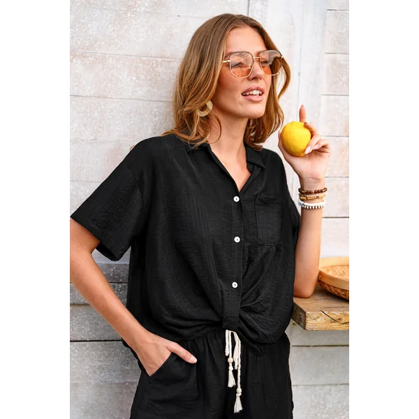 Chemise de plage noire col chemise manches courtes