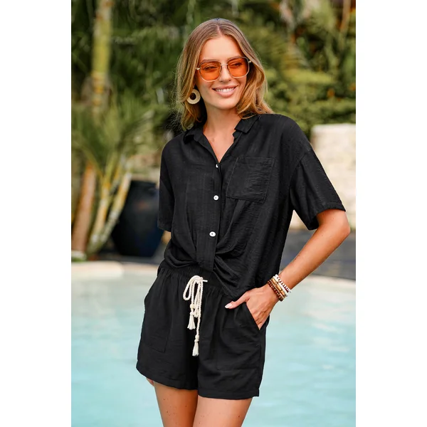 Chemise de plage noire col chemise manches courtes
