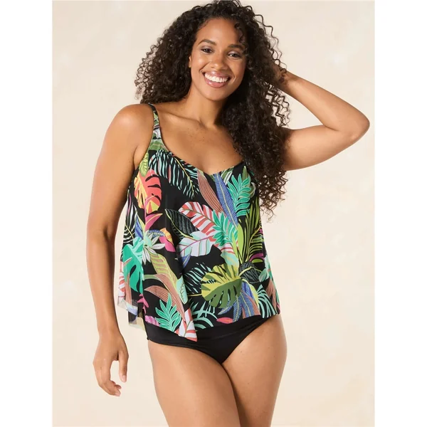 Coco Reef - Haut de tankini voilé évasé avec cerceau 34 (75) D Noir Multi Cosmic Jungle
