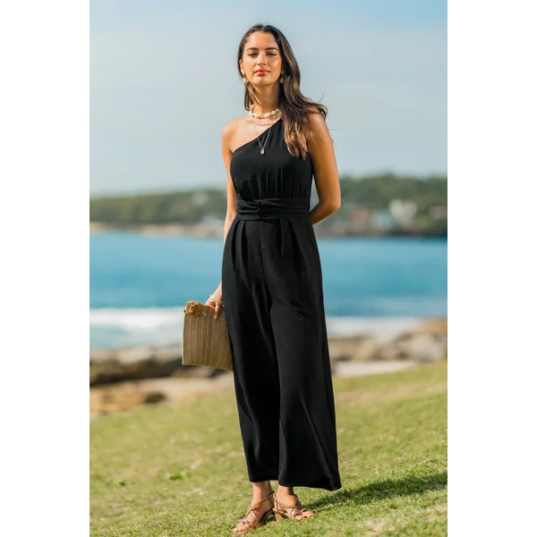 Combinaison noire col asymétrique jambe large