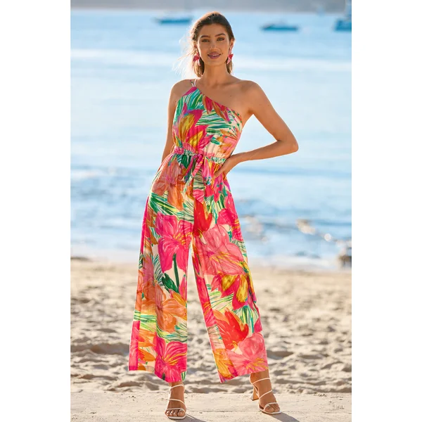 Combinaison tropicale tissée col asymétrique