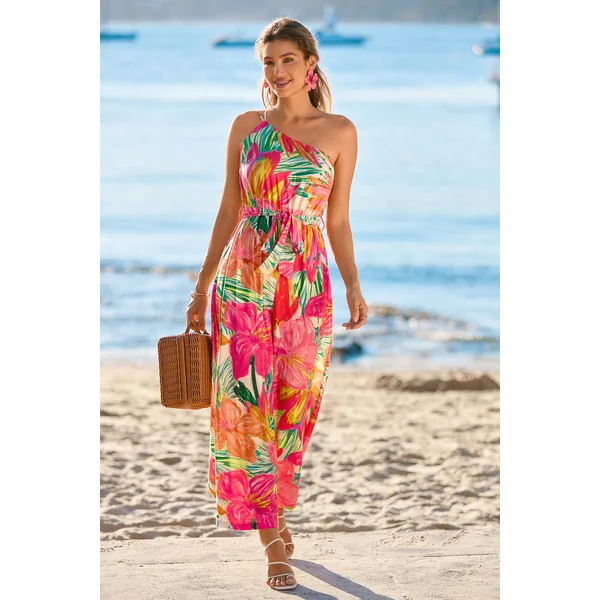 Combinaison tropicale tissée col asymétrique