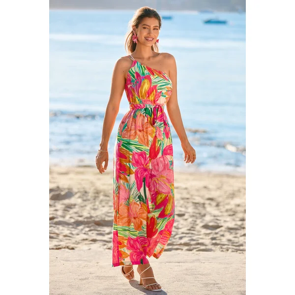 Combinaison tropicale tissée col asymétrique