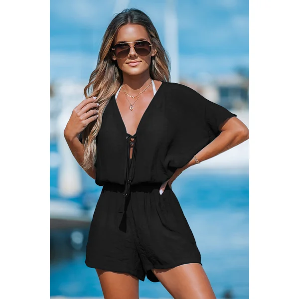 Combishort cover up à col plongeantes et glands noir