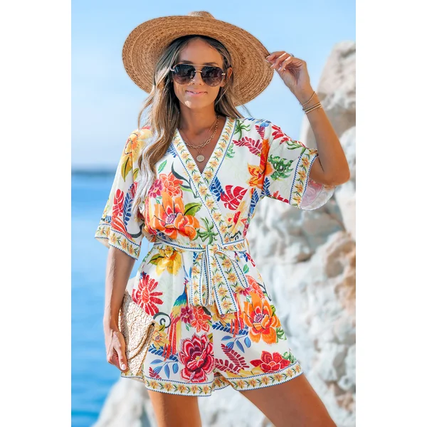 Combishort floral col surplis manches courtes