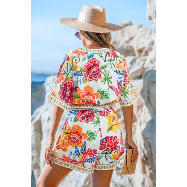 Combishort floral col surplis manches courtes