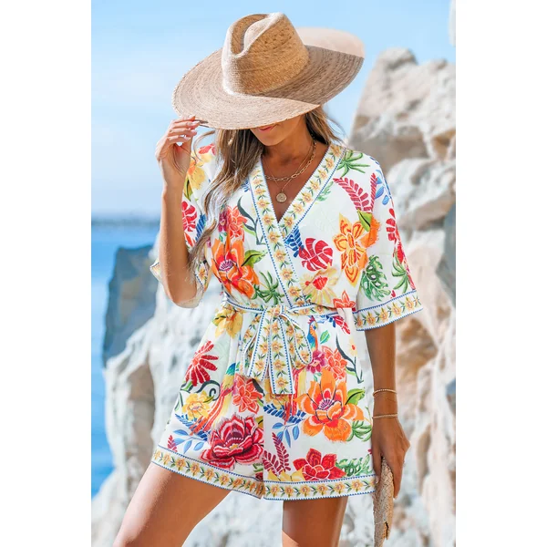 Combishort floral col surplis manches courtes