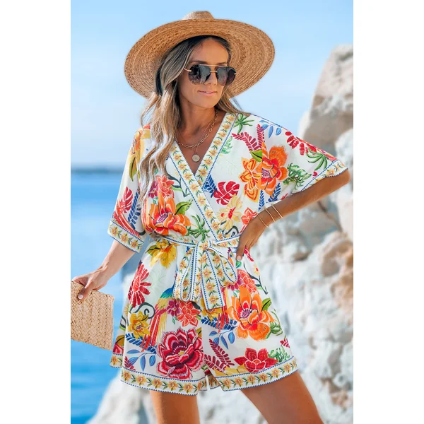 Combishort floral col surplis manches courtes