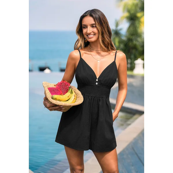 Combishort noir à taille smockée