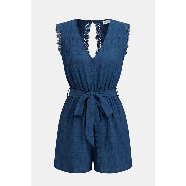 Combishort tissé bleu jambe large sans manches